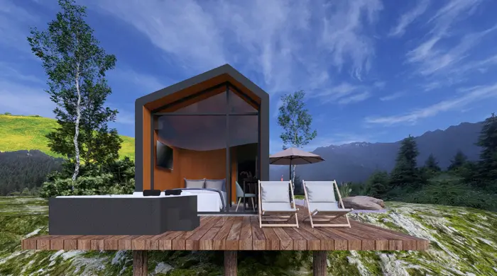 Render do chalé em estrutura metálica visto de outro ângulo