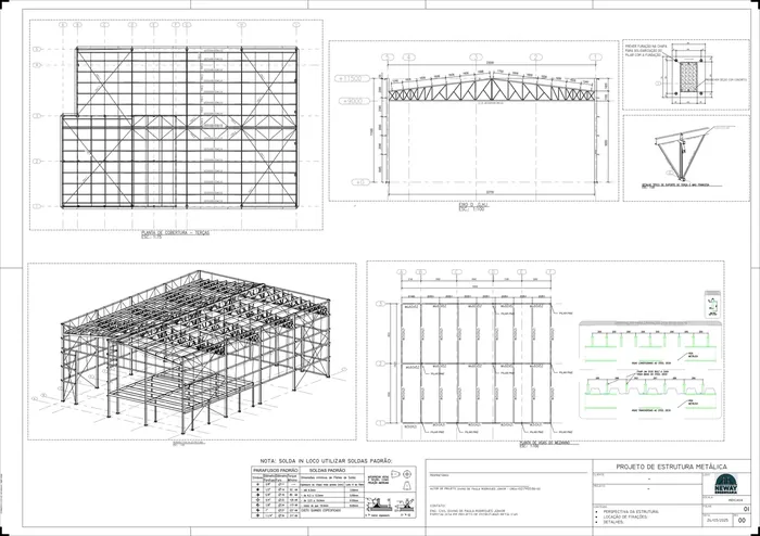 Prancha de projeto de estrutura metálica com planta de cobertura, pórtico, perspectiva isométrica e detalhes de fixação
