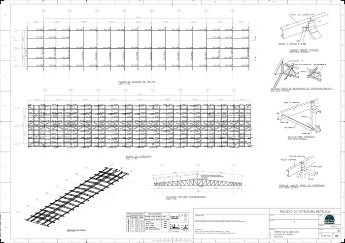 Prancha com planta de locação de treliças, planta de cobertura, elevação das treliças e detalhes de ligação