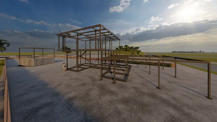 Modelo 3D da estrutura metálica de uma residência de dois pavimentos, com pilares, vigas e escada