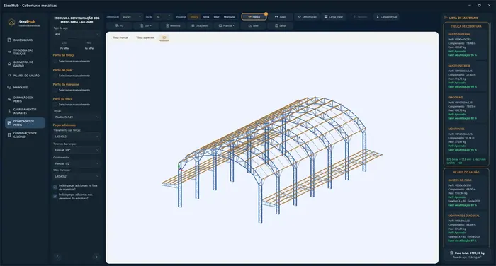 Tela do SteelHub com um galpão em arco em 3D