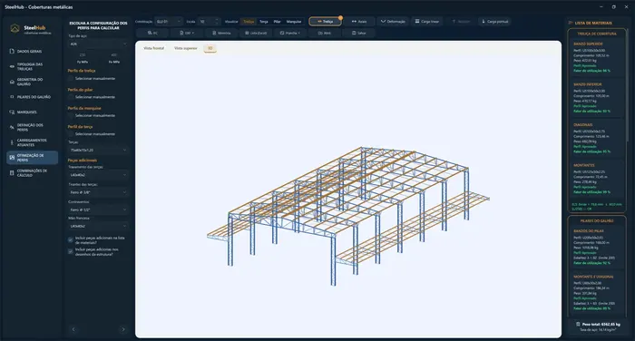 Tela do SteelHub com o modelo 3D de um galpão com pilares treliçados e a lista de materiais ao lado